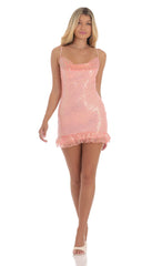 Iridescent Sequin Slip Dress in Coral