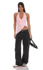Lace Faux Wrap Halter Top in Pink