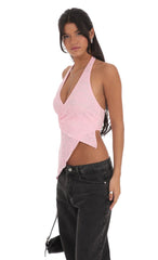 Lace Faux Wrap Halter Top in Pink