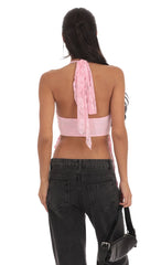 Lace Faux Wrap Halter Top in Pink