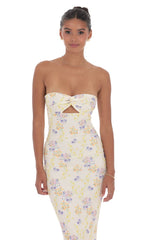 Floral Ribbed Cutout Twist Maxi Dress in Yellow