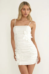 Mirisa Flower Accent Smocked Mini Dress White