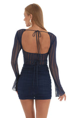 Sheer Mesh Long Sleeve Dress in Navy